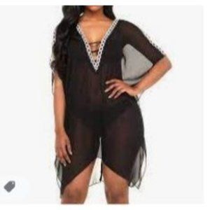 SEBOWEL Embroidery V Neck Black Cold Shoulder Sheer Mesh Beach Dresses Cover Up